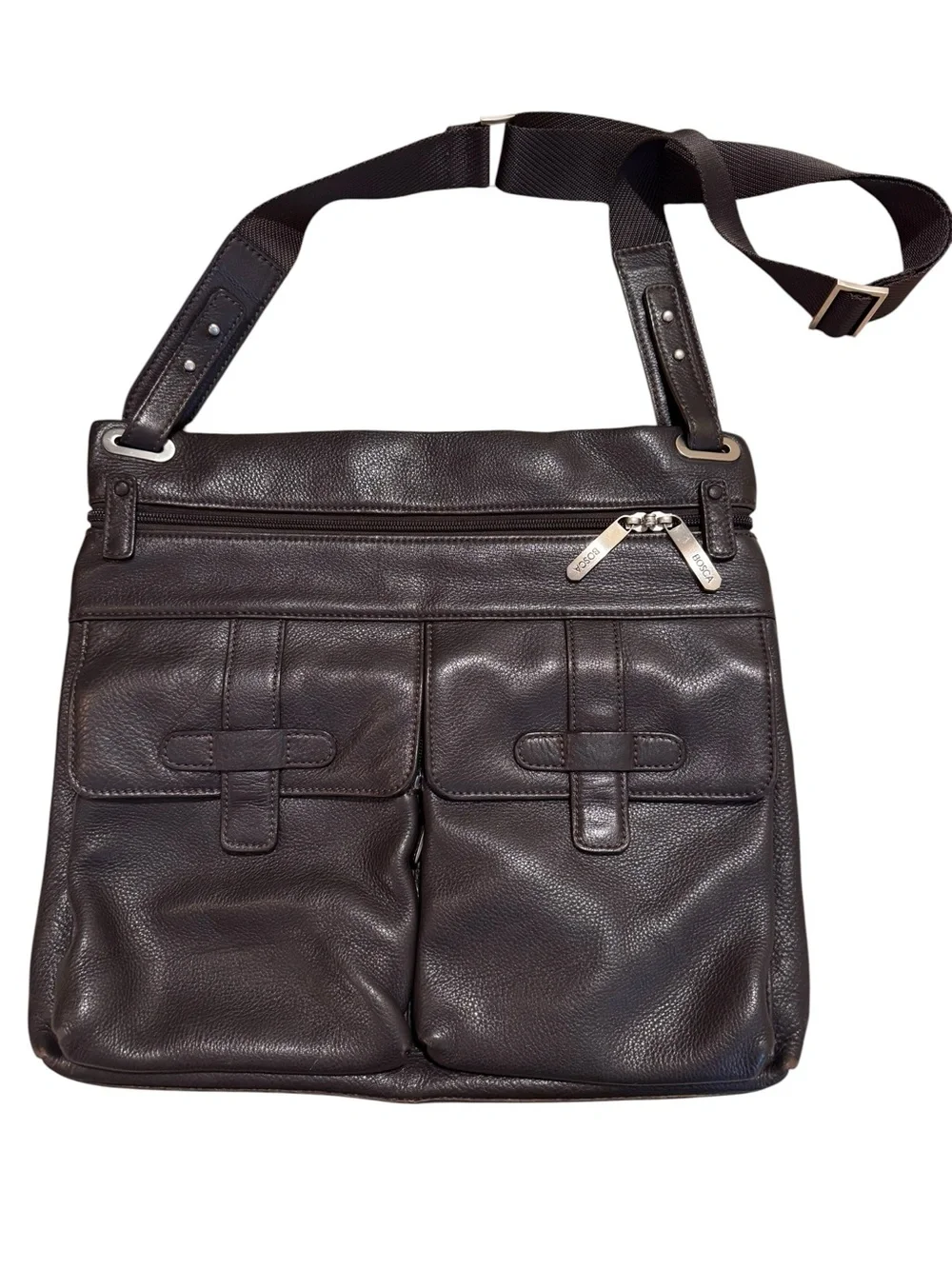 Bosca Brown Pebbled Leather Messenger Crossbody Bag Multi Pocket Work Travel